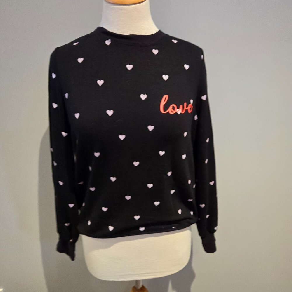 Marled Love Heart Print Sweatshirt | Size Small | Black